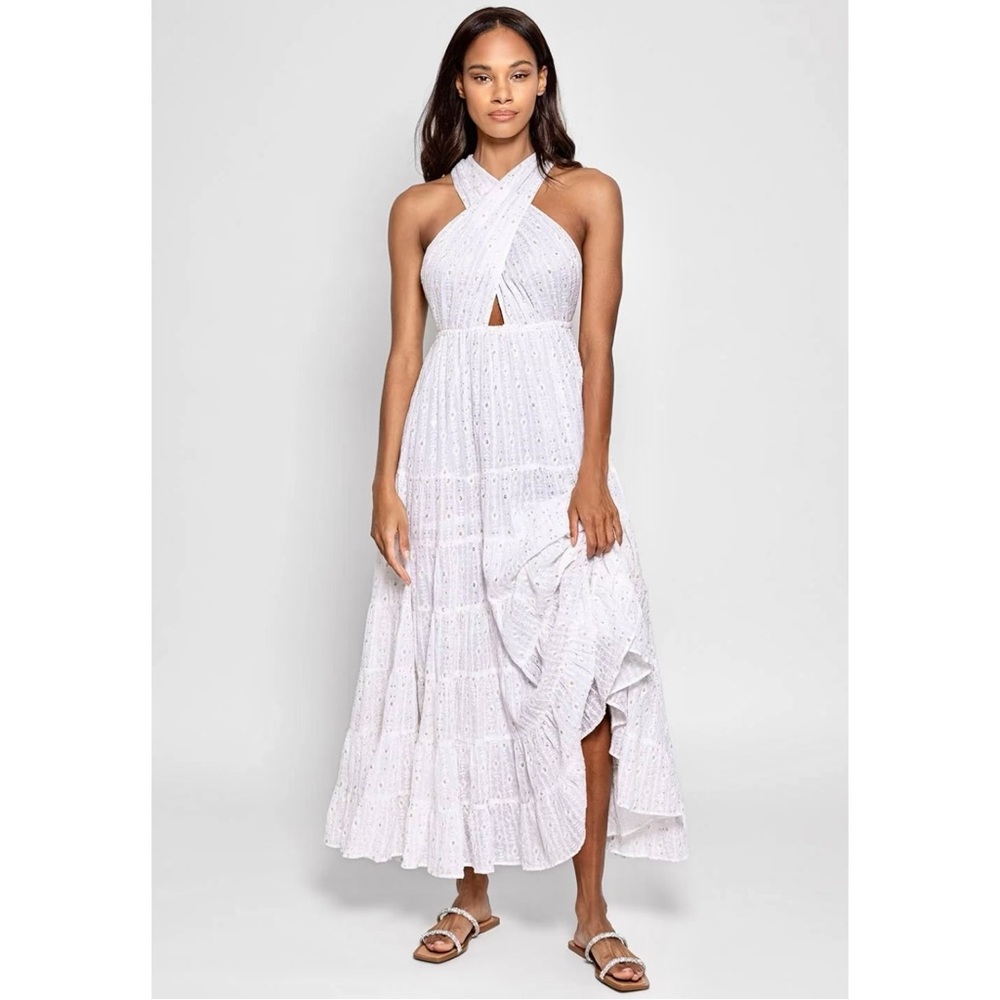 Sundress Suzie Long Dress - White Open Back Tiered Maxi Dress Gown sz S